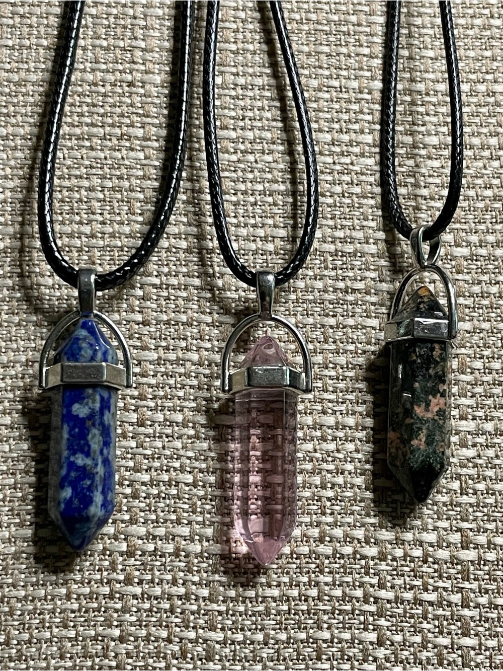 Lot of 3  pendants on chord w adj clasp.L-R Lapis Lazuil pink quartz Unakite
